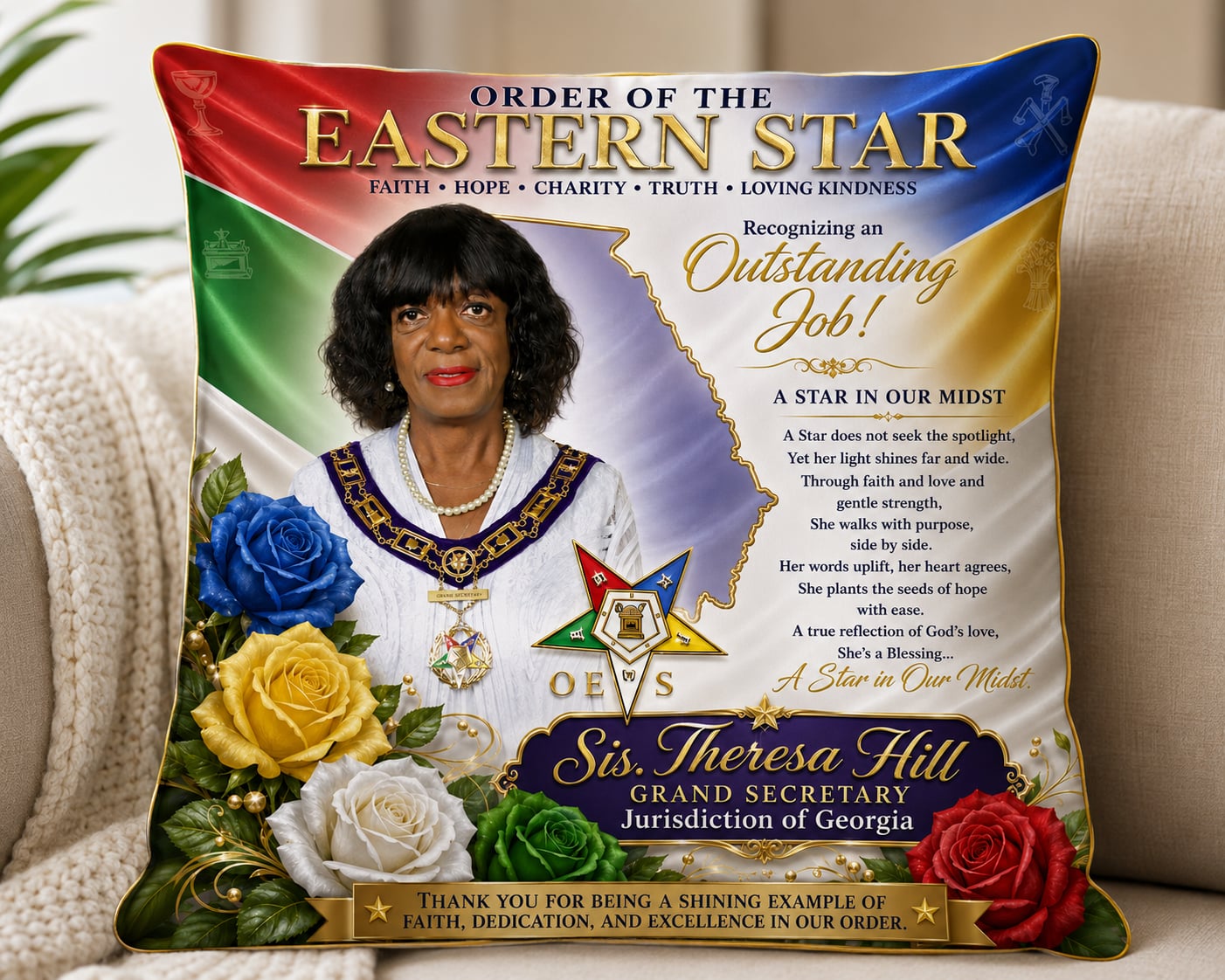 Eastern Star pillow for Sis. Theresa Hill