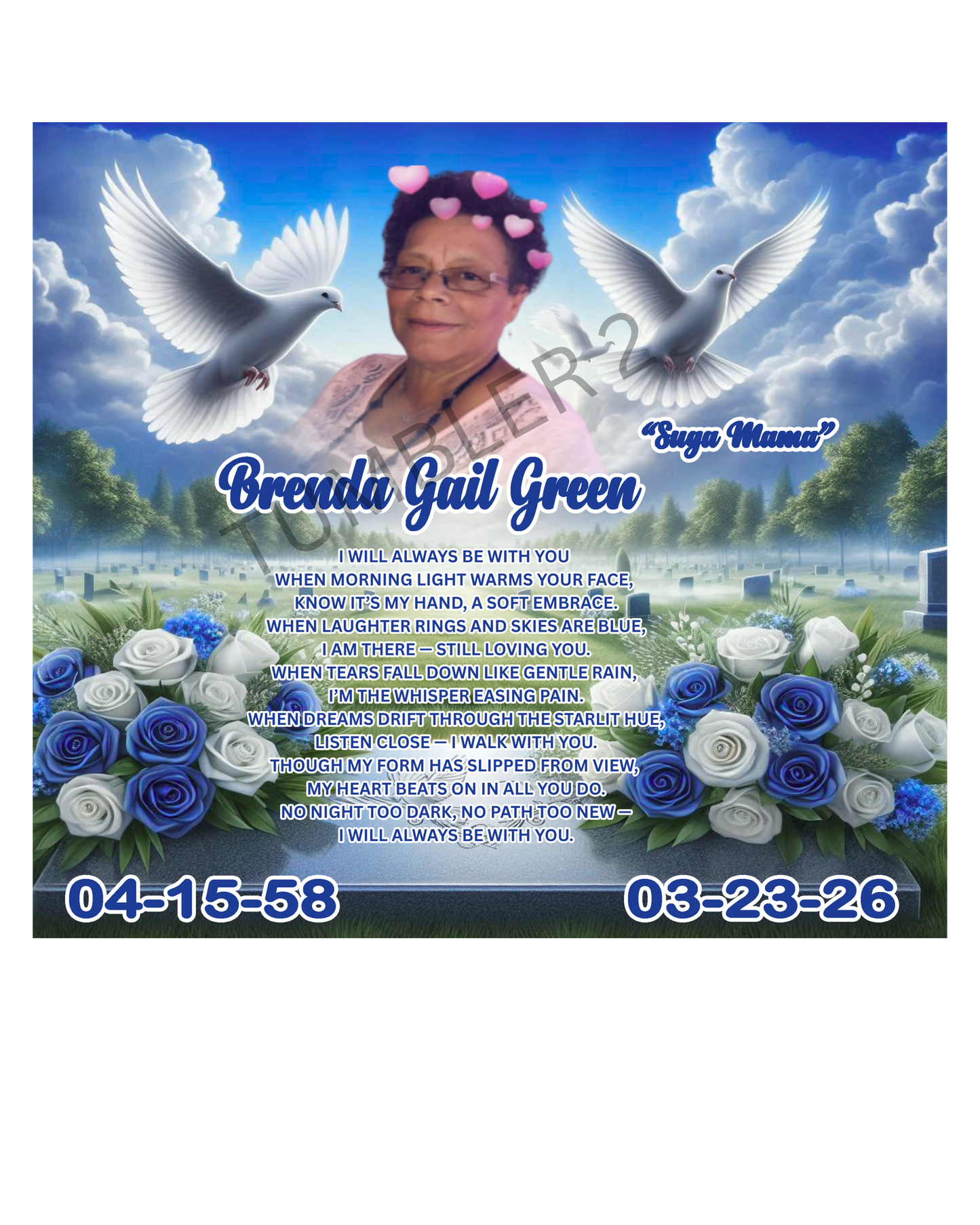 memorial tumbler for Brenda Green