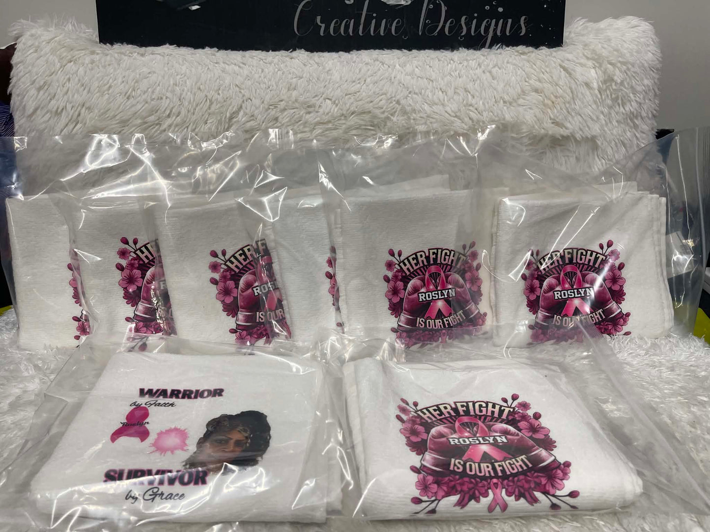 Roslyn's Breast cancer hand towels (towels, prints & taxes included)